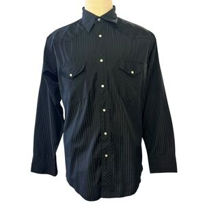 Wrangler Western Shirt L Black Snap Button Striped‎ Cowboy Rodeo Chic Darkwear